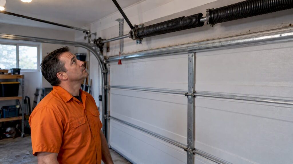 Technician inspecting a broken garage door spring