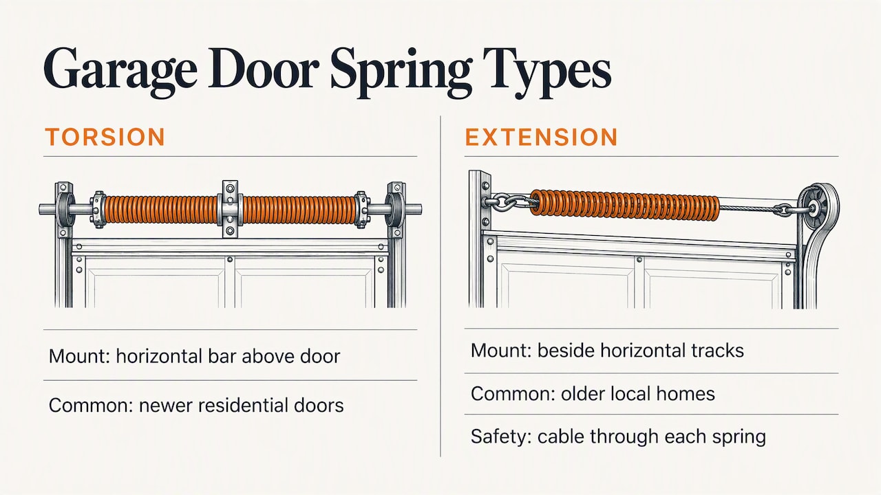 Torsion and extension spring placements with safety cables