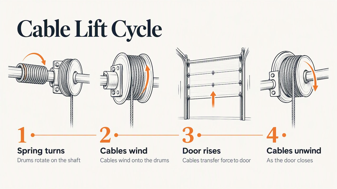 How garage door cables connect to drums and brackets
