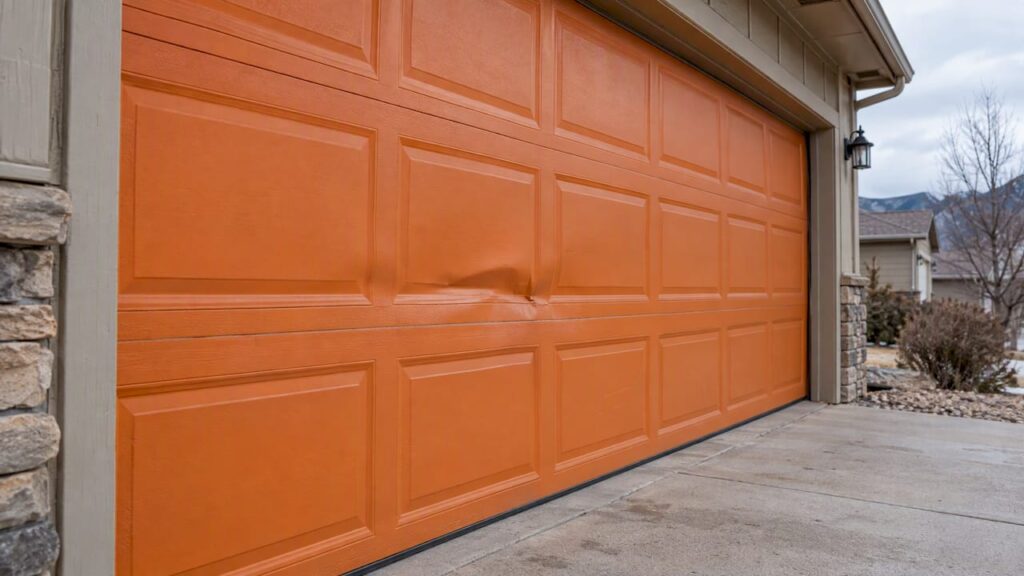 Impact dent in an orange garage door panel
