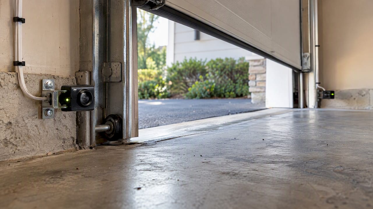 Aligned garage door safety sensors beside track
