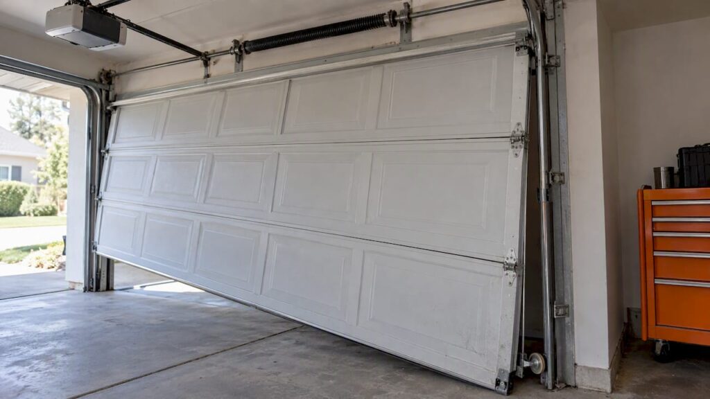 Crooked sectional garage door with displaced roller