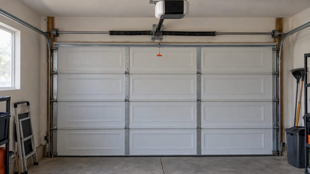 Closed sectional garage door beneath its opener