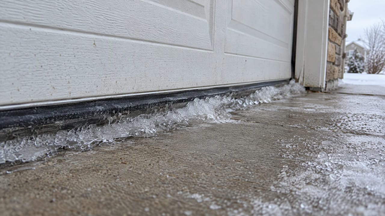 Ice bonding a garage door seal to concrete